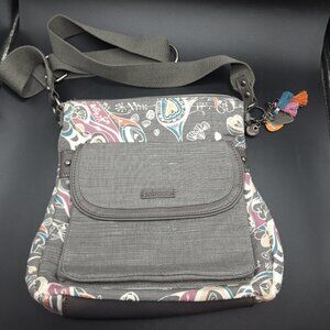 Sakroots Artist Circle Flap Cross-Body Bag Gray with multicolor Hearts